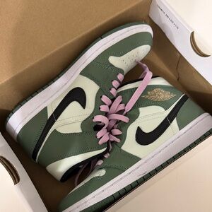Nike Air Jordan 1 Mid Olive and Black with Pink Laces